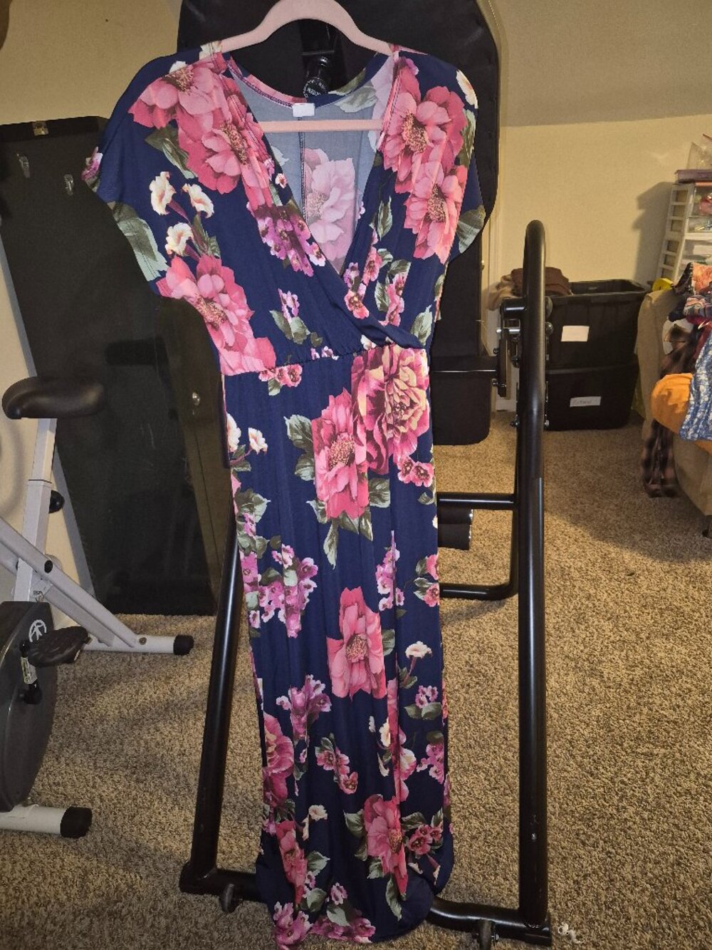 Navy Blue Pink Floral Faux Wrap Maxi Dress Size Large